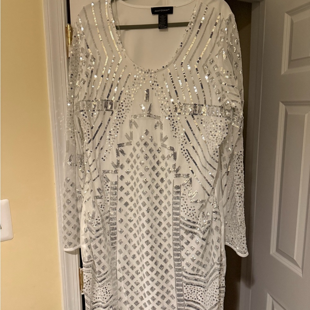 Ashley Stewart White and Silver Sequin Dress